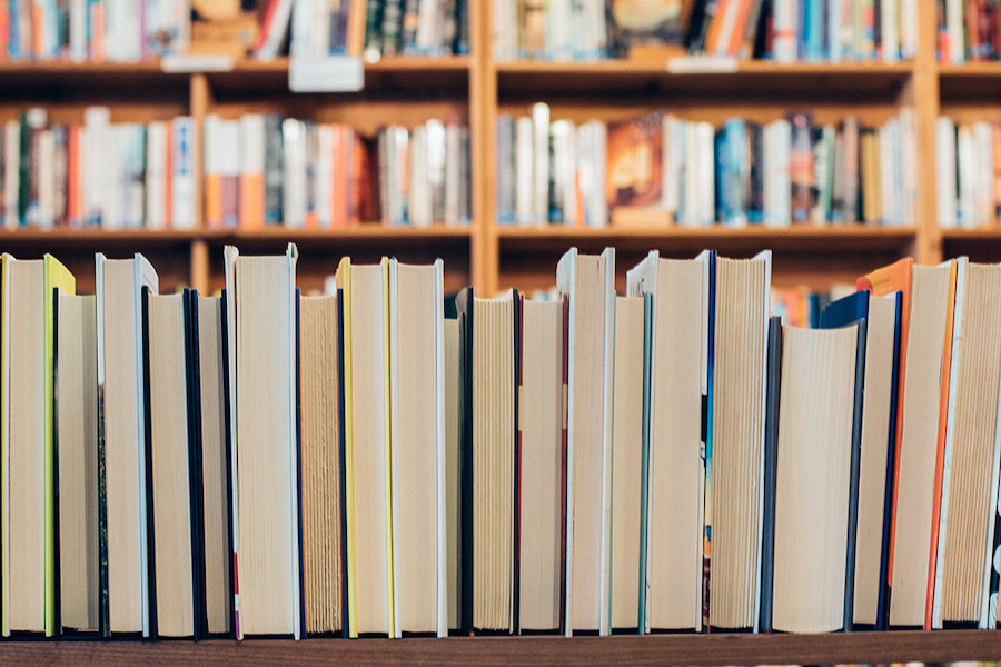 Books on shelves in a library